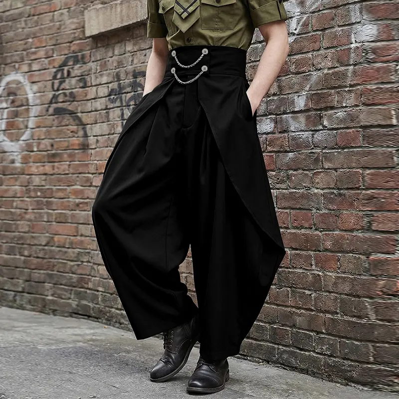 INCERUN Men's Gothic Style High-Waisted Wide-Leg Cargo Pants with Metal Chain Waist Detail, Drape Fit Streetwear Menswear Clothes, Aesthetic Fashion Bottoms, Uniform