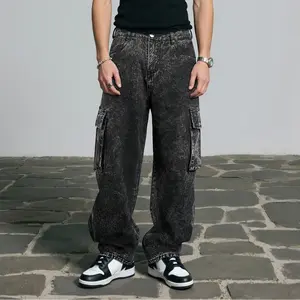 GINGTTO Men's Baggy Cargo Denim Trousers, Stretch Menswear Pants with Pockets, Wide-Leg Streetwear for Skateboard-Hip Hop, All-Seasons Wear