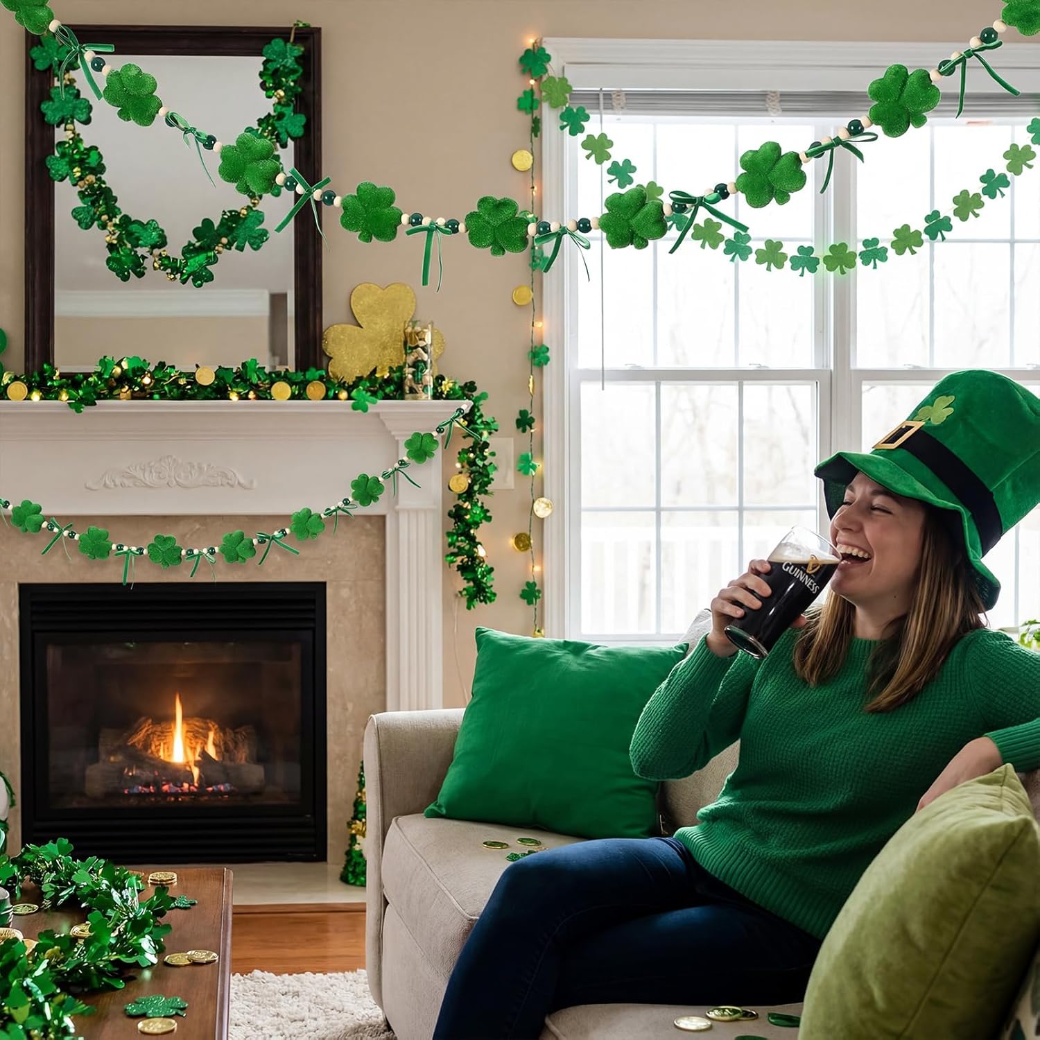 St. Patrick's Day Shamrock Garland Decorations 4.92 ft Velvet Shamrock Hanging Banners with Wood Bead & Bow, Luck Of The Irish Clover Garland Green Decor St.Paddys Party Holiday Fireplace Mantel Indoor Wall Home Decor