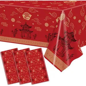 Hibachi Table Covers 3 Pack Disposable Plastic Tablecloth 54x108 Inch for New Year Spring Festival Asian Party Decorations Red