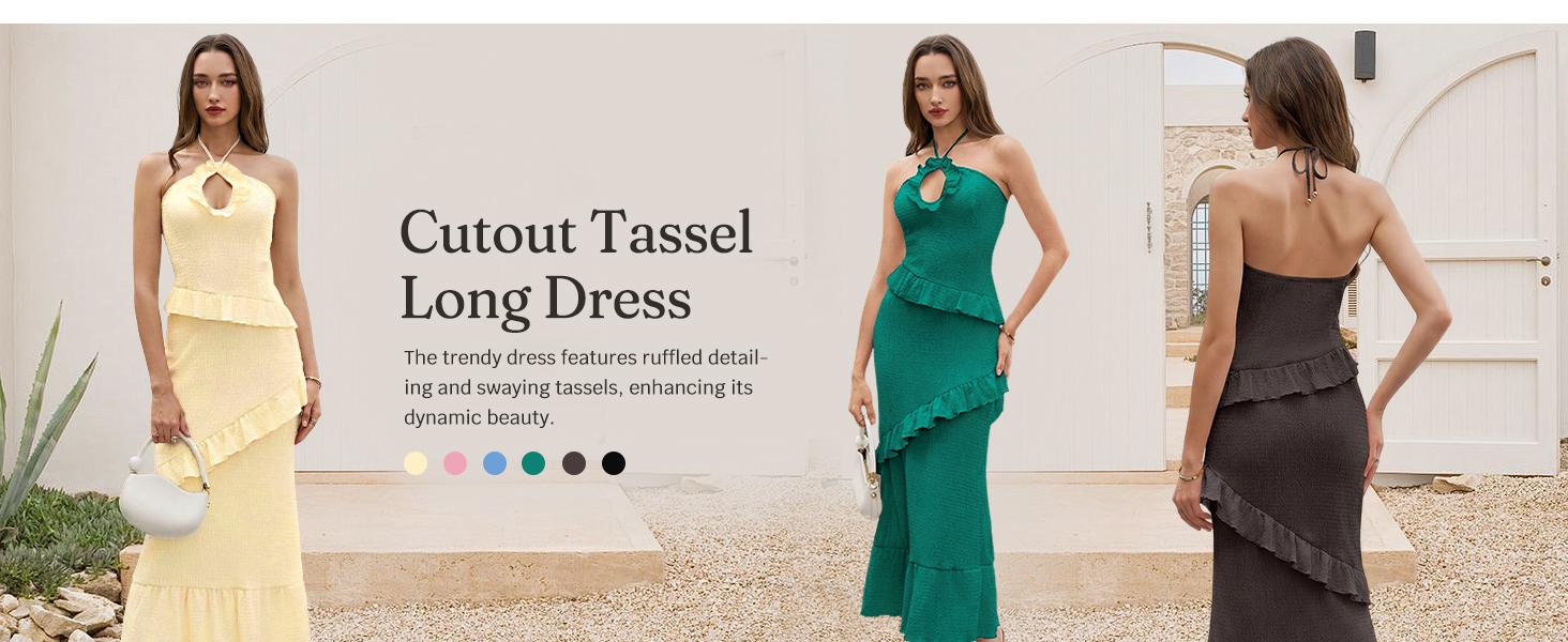 Wenrine Women's Sexy Halter Maxi Dress Cutout Sleeveless Ruffle Tassel Backless Party Club Summer Dresses Wenrine Women's Sexy Halter Maxi Dress Cutout Sleeveless Ruffle Tassel Backless Party Club Summer Dresses