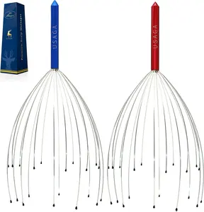 USAGA Head Massager Scalp Massager 20 Fingers Head Scratcher, Stocking Stuffers Gift for Scalp Body Relaxing (Red & Blue) Relaxation Aid Elastic