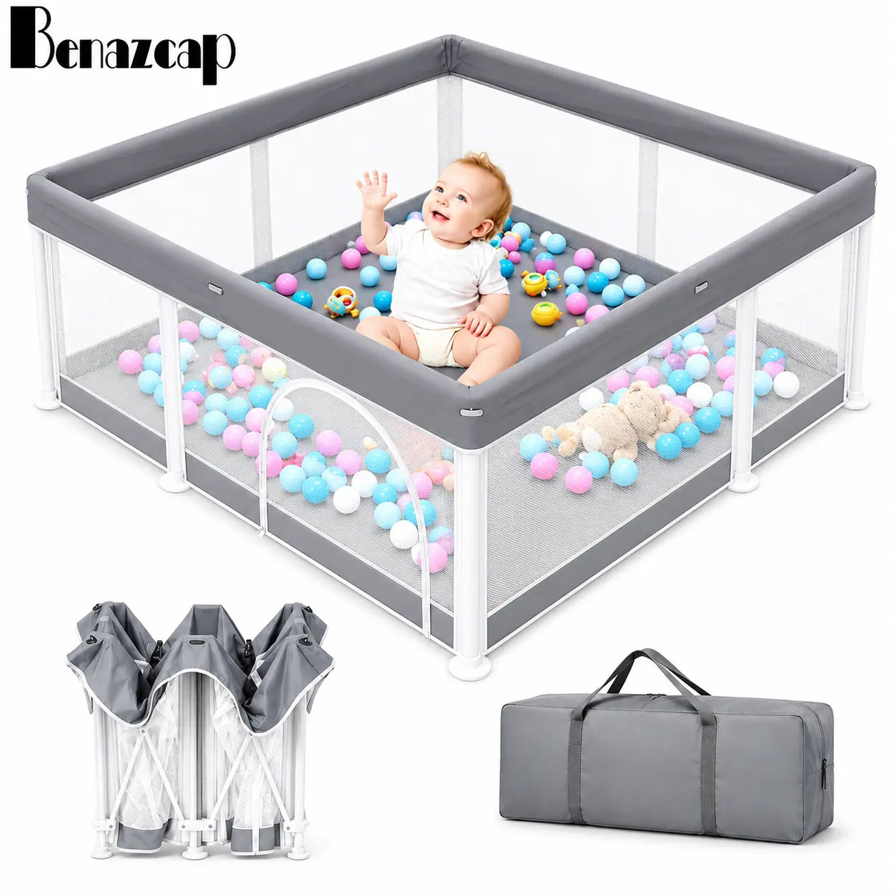 Benazcap Foldable Baby Playpen , Breathable Mesh Play Yard for Babies & Toddlers, Portable Indoor Outdoor Activity Center