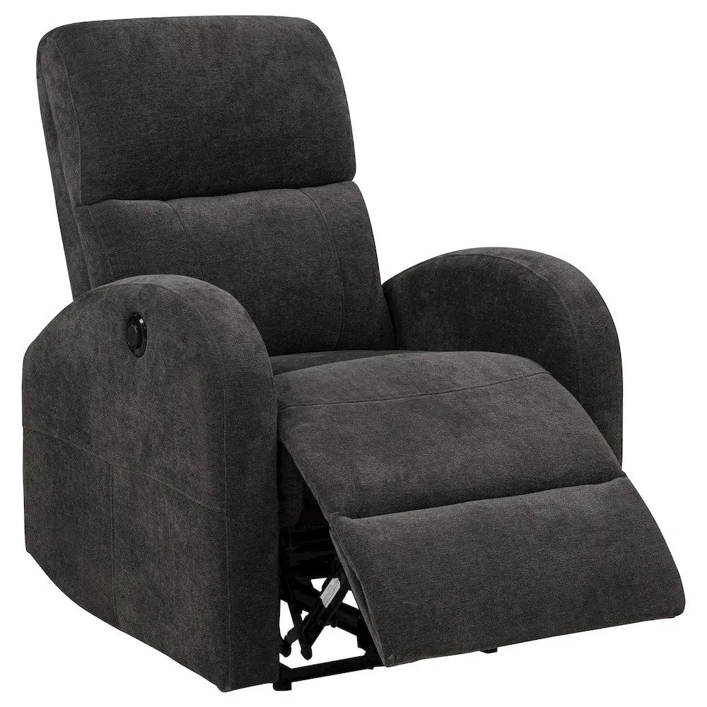 Modern Grant Single Seat Power Recliner Chair - Compact Charcoal Grey Fabric Upholstered, Topstitched, Adjustable Back, Curved Arms, Cushioned Support Living Room Furniture for Small Spaces, Contemporary Home Decor Reclining Living Room Furniture