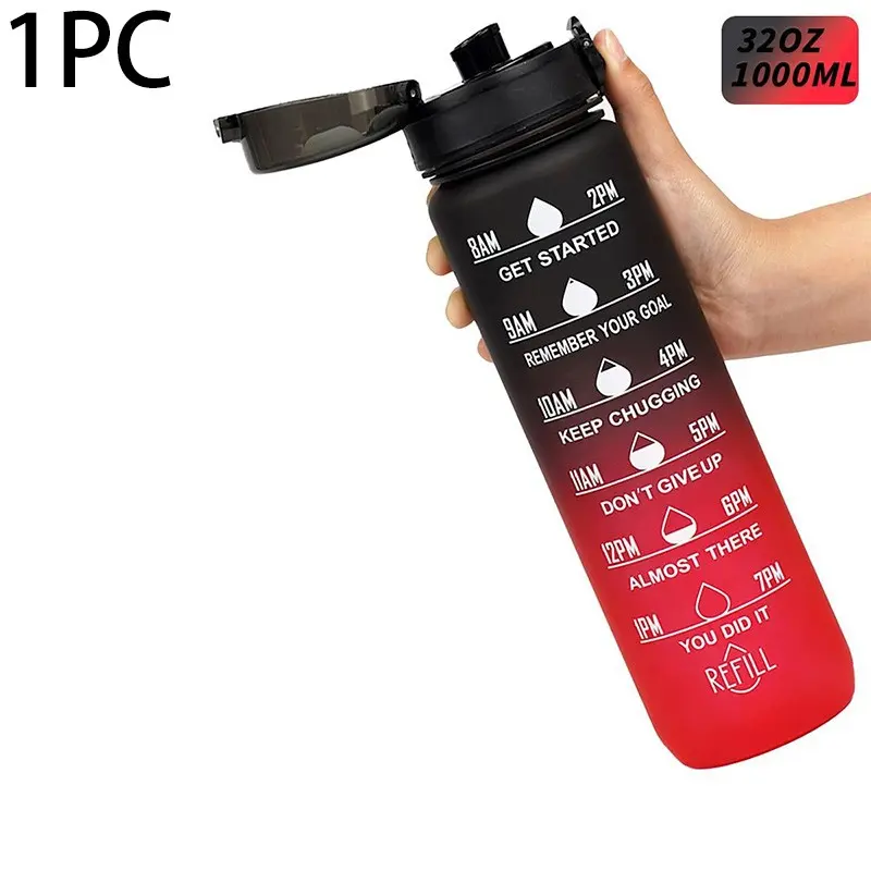 1pc 1000ML Outdoor Sports Water Bottle, Workout Water Bottle, Running Bottle, Hiking Water Bottle, Sports Drinking Bottle, Hydration Bottle, Large Capacity Leakproof Cup Lid, Time-Capacity Scale, Ideal for School, Gym, Travel, Office Use