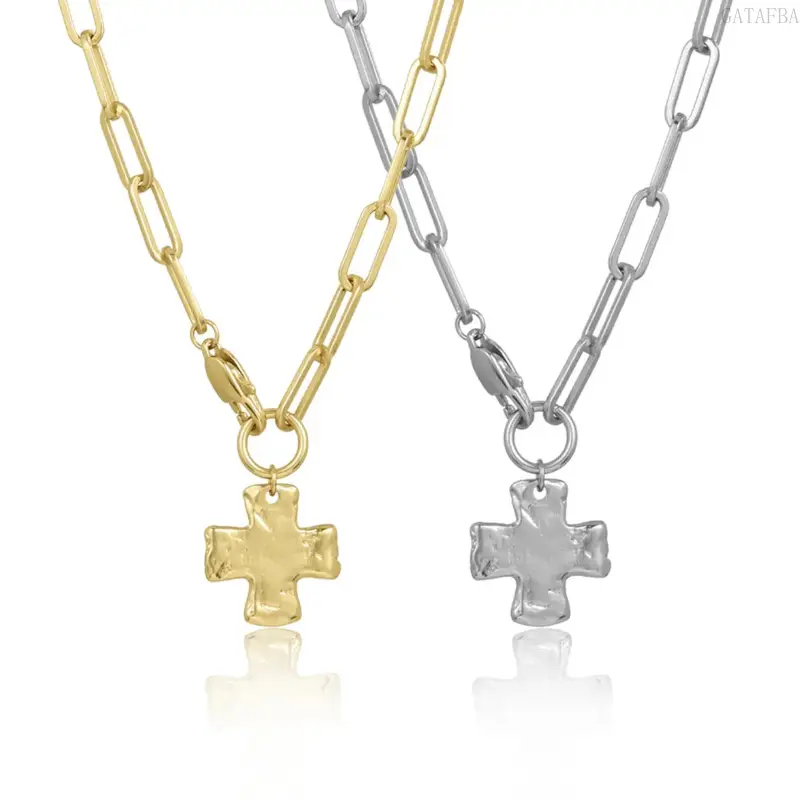 1/2Pcs Women Chunky Cross Necklace, Vintage Hammered Layered Cross Pendant, Gold Silver Classic Statement Jewelry, Anti-fade Fashion Accessory for Daily Party Dating Teen Girls Casual Outfit