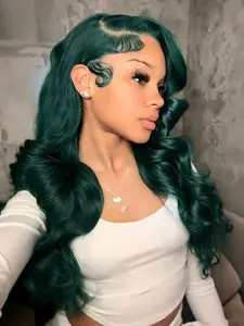Dark Green with Black Root Wig 13x4 Lace Front Wig Body Wave Synthetic Wig Soft HD Lace Frontal Wig Free Part Natural Hairline Heat-Resistant Fiber for Women Daily Wear 28 Inches Natural Wavy Wig