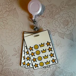 Badge Reel Sticker Sheet! 8 Sheets with Smiley Faces, Crown and Stars Design