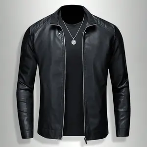 Men'S Slim-Fit Faux Leather Bomber Jacket - Black, Blue, Zip-Up , Long Sleeves, Casual & Versatile for Daily Wear, Casual Outerwear | Minimalist Jacket | Polyester Lined Jacket,  Menswear Tops Coats ,Stylish Zipper