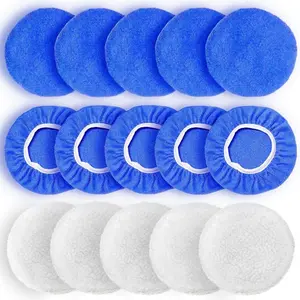 10Pcs Blue Microfiber Wax Pads and 5Pcs White Woollen Fleece Polishing Pads Kit, 5 to 6 Inch Car Polisher Pad Bonnet for Surface Polishing & Finishing of Automobiles, Furniture, Wooden Floors, Household Appliances, Musical Instruments, etc