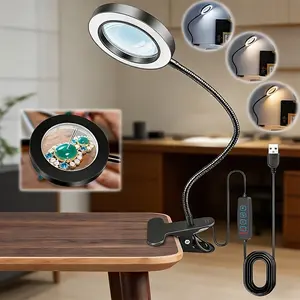 1pc Modern LED Desk Lamp with 10X Magnifying Glass, Metal Magnifying Glass Table Light, Adjustable Arm And Clamp, Foldable USB Power Supply, 3-Color Modes, Dimmable Desk Lights, for Reading, Book Viewing, And Precision Handcraft Repairs