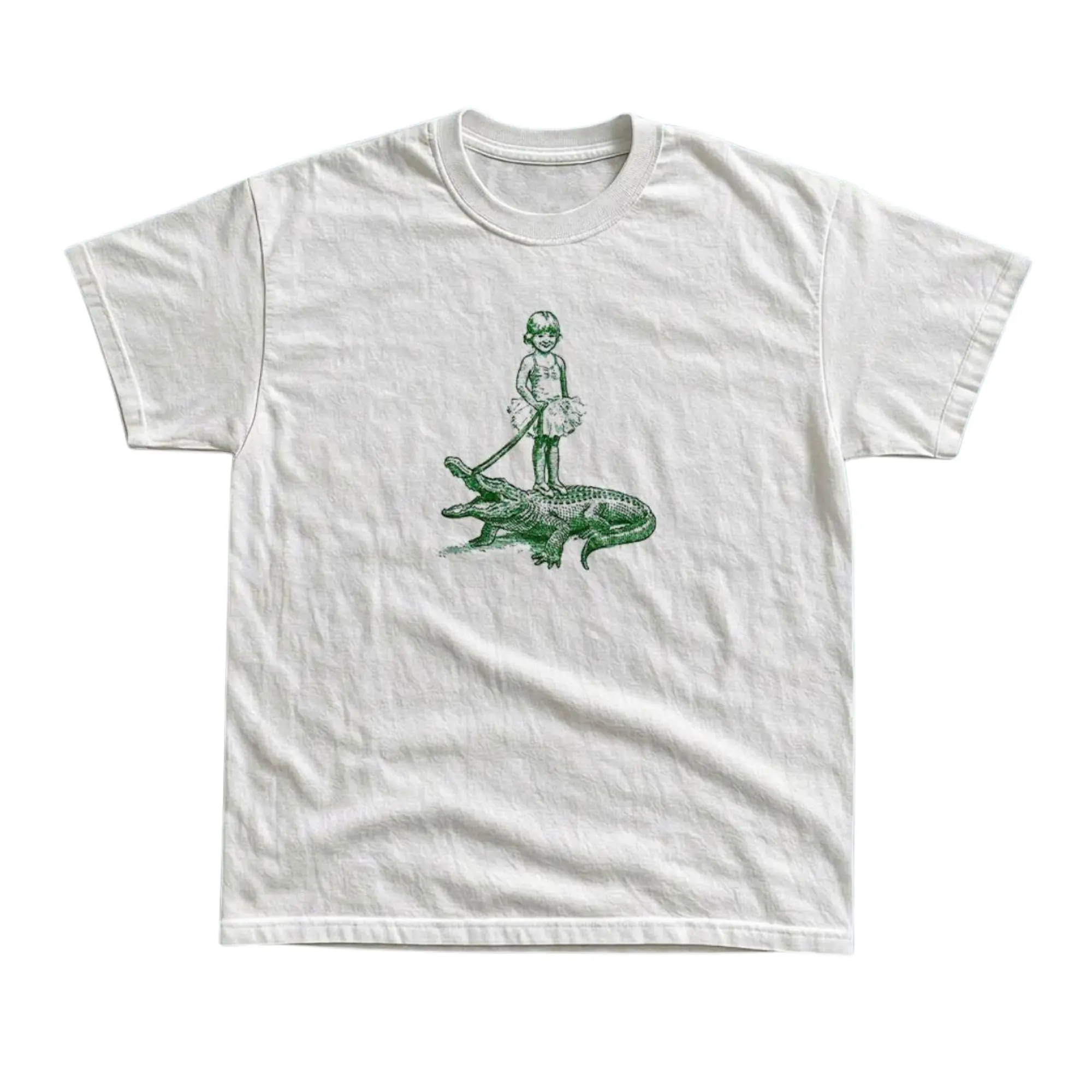 Vintage Weirdcore Alligator Graphic Tee, Girl In Tutu Standing On Alligator Back Green Line Art Illustration, Unisex Streetwear Tee For Weirdcore Art Fans, Retro Cult Classic Outfit