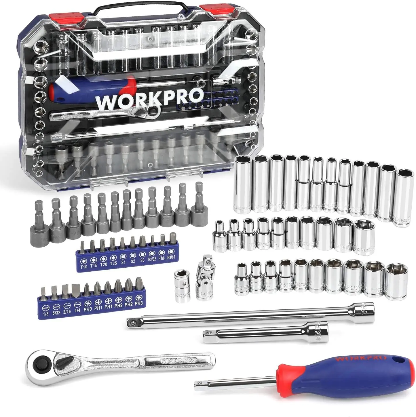 #fathersdaygift WORKPRO 70-Piece 1/4" Drive Socket Set with Quick-Release Ratchet, Metric and SAE for Auto Repairing & Household