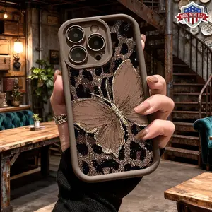 Stylish Leopard Print Butterfly Pattern Case for iPhone 17 16 15 14 Pro Max 13 12 11 XR XS Plus Air Slim Lightweight Shockproof Anti Drop Protective Durable TPU Cover