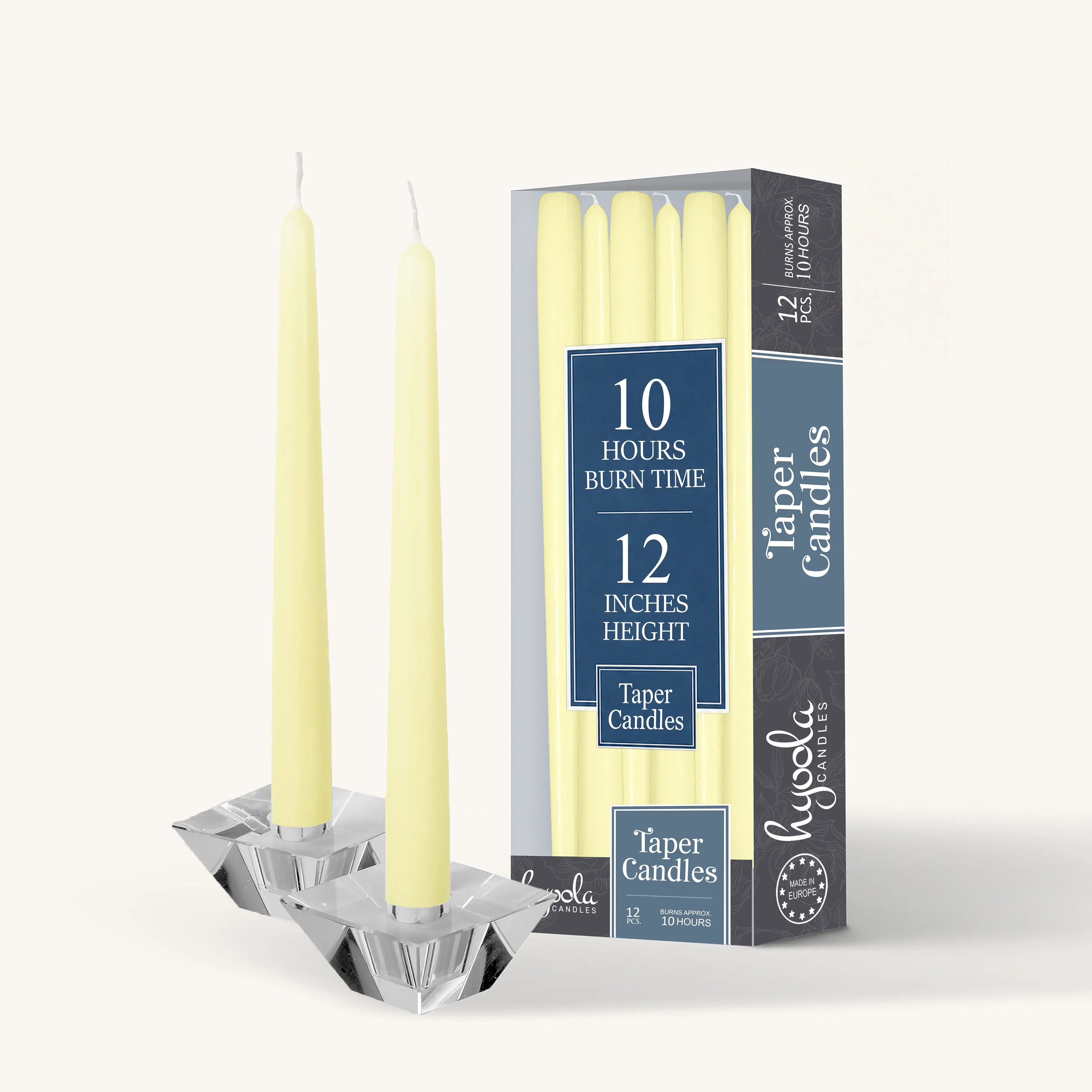 Paraffin Wax Ivory Taper Candles - 12 in, 12-Pack Bulk Pack - Cotton Wick, Dripless, Long-Lasting Home Decor Candles, Smokeless