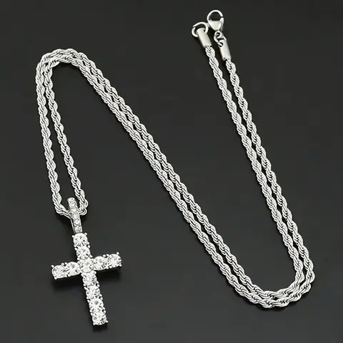 Men's Stainless Steel Cubic Zirconia Cross Necklace - Sturdy, Geometric, High-Density Durable Alloy Link Chain (18-24 in Adjustable), Hip Hop Spiritual Religious Jewelry, Father's Day Gift for Daily-Party Wear, Metal Coating Costume Accessory