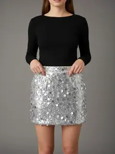 Women's Sequined Mini Skirt, Elastic Shiny Metal Party Dress, Waist Design, Perfect for Night Out & Festive Occasions, Pencil Skirt Style