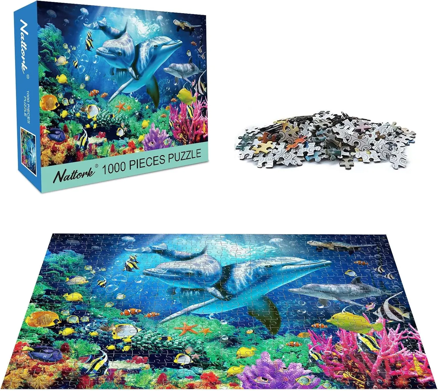 Under The Sea Ocean Themed Stuff Jigsaw Puzzle - 500/1000 Pieces, Artistic Ocean Dolphin Design, Family Fun Indoor Recreation Game with Letter Zones Back & Reference Poster