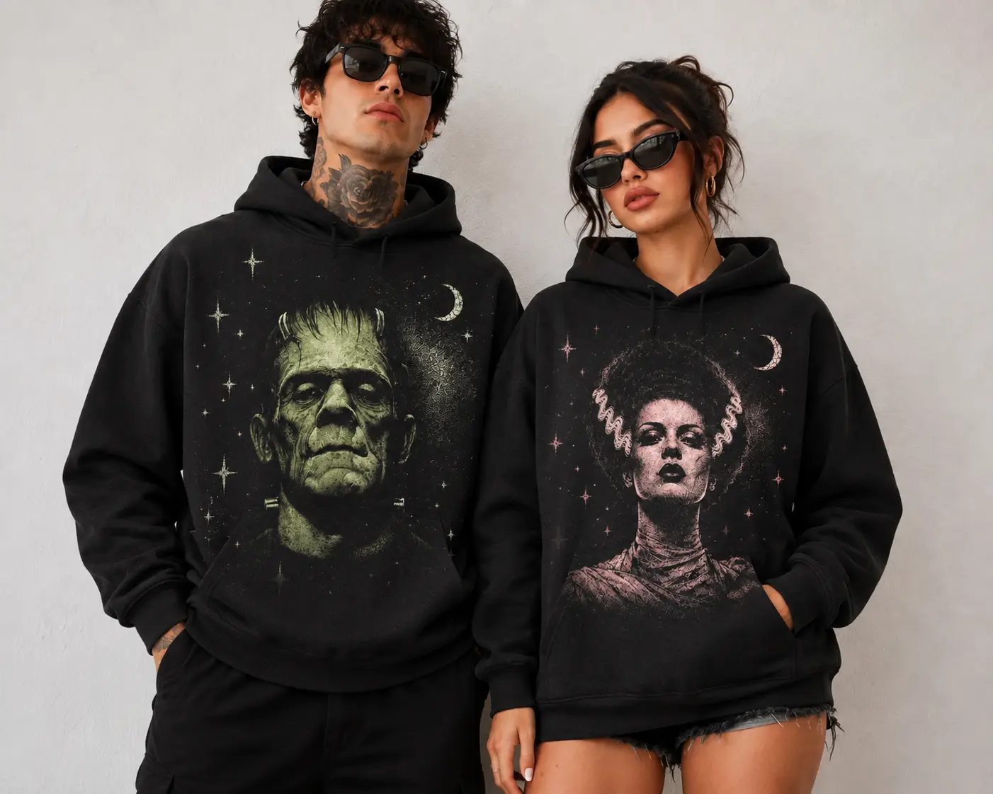 Frankenstein And Bride Of Frankenstein Couple Hoodie, Oversized Loose‑Fit Gothic Sweatshirt, Retro Horror & Halloween Gift Top