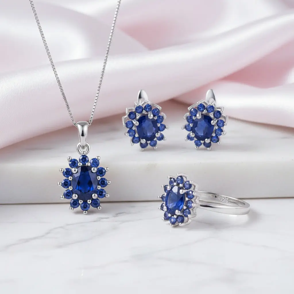 Princess Diana Inspired Blue Sapphire Jewelry Set
