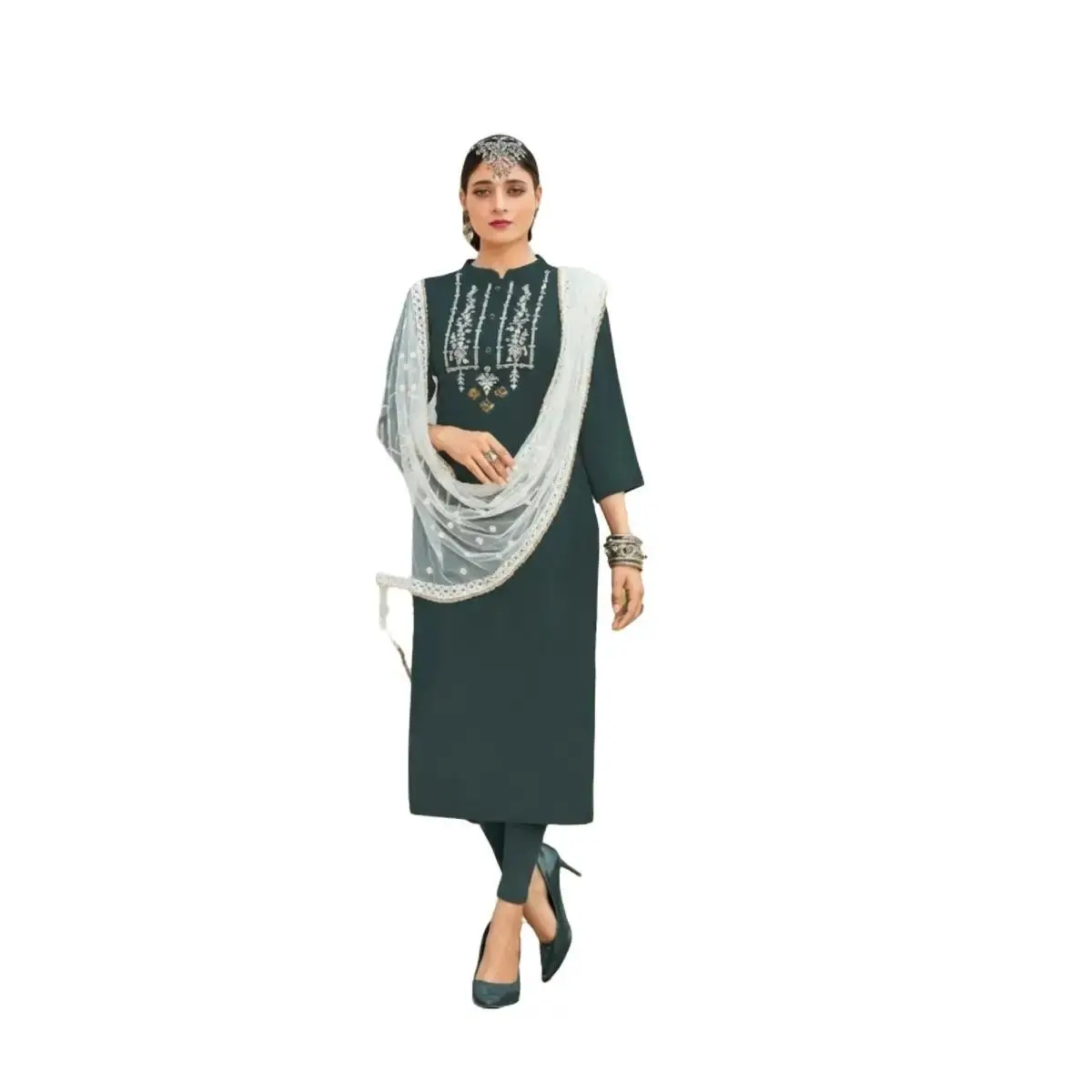 #core-8 Gorgeous Dark Green  Rayon Kurthi with Net Dupatta .