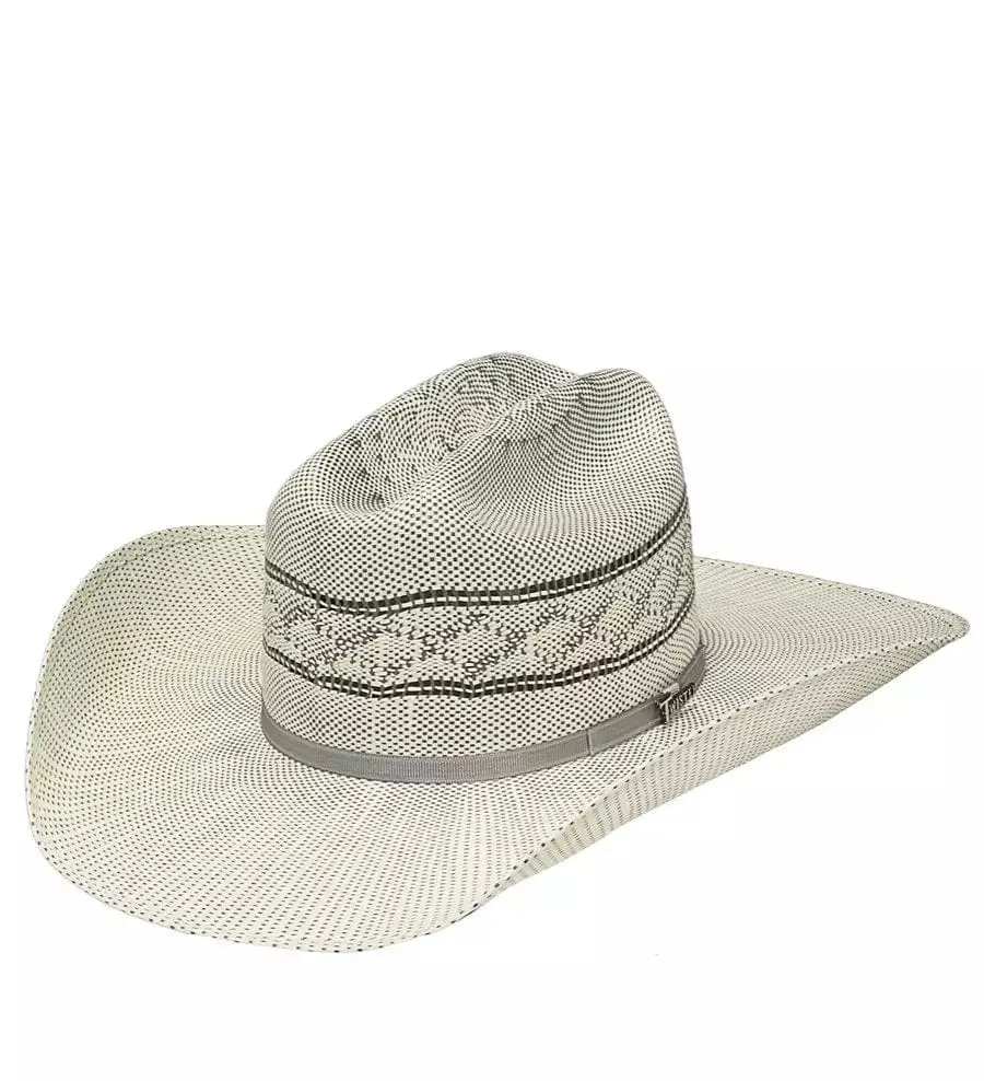Cowboy Style Straw Hat - Western Adjustable Leather-Accented Twister Bangora, Ivory & Grey, with Goat Leather Sweatband, Country Boy Style, Wild West, Urban Cowboy Casual Hat