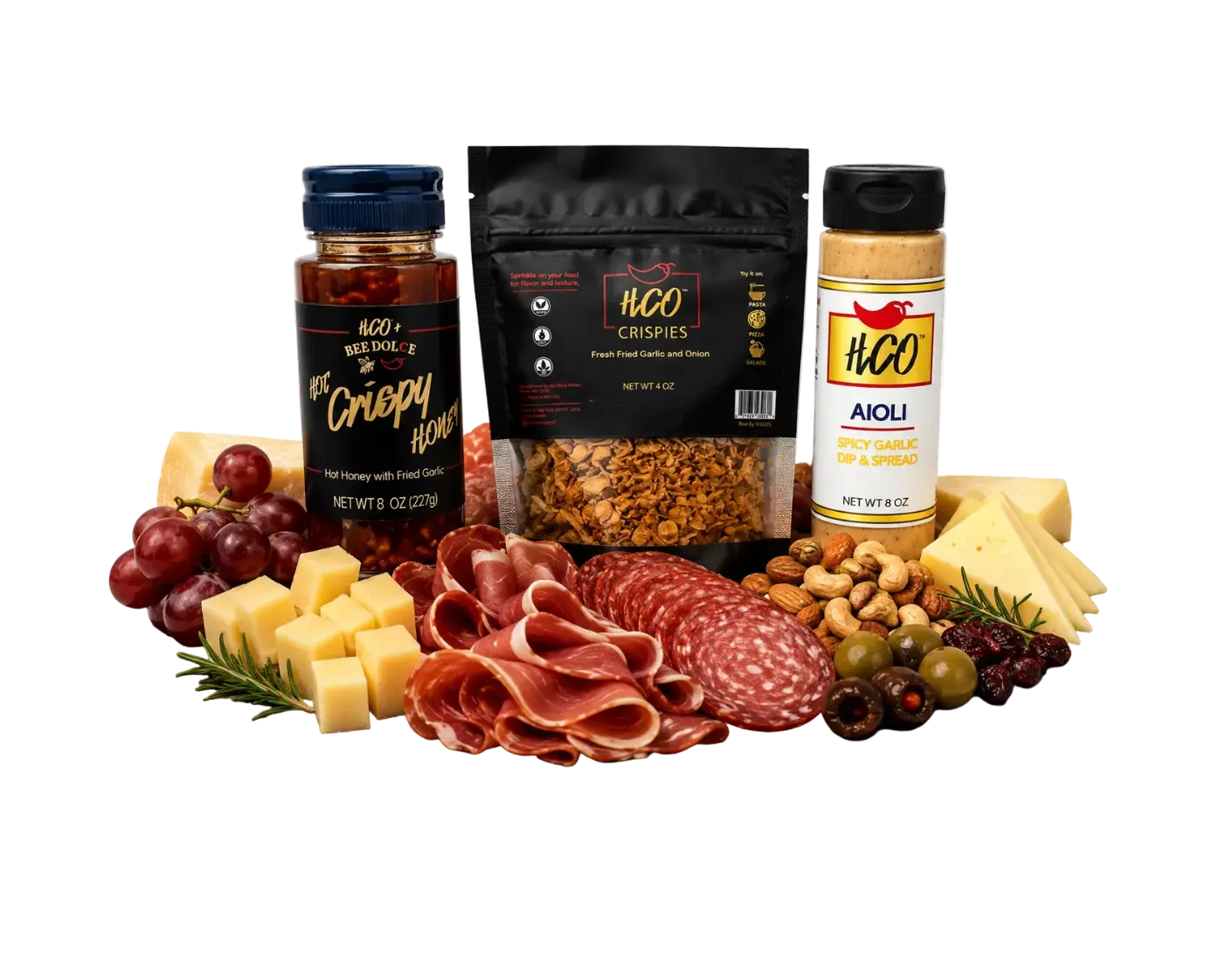 Snack Board Gift Set Bundle - Hot Crispy Honey, HCO Crispies Fried Garlic and Onion, HCO Spicy Garlic Aioli Spread and Dip