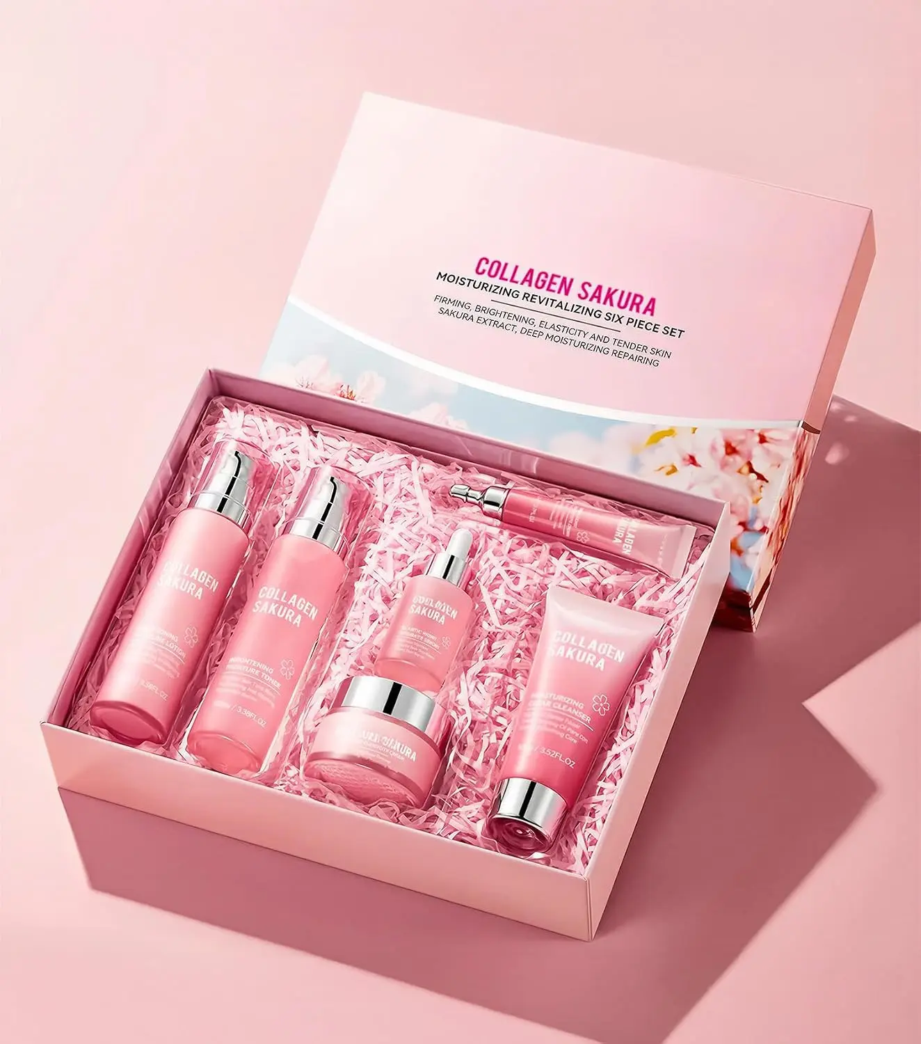 SADOER Korean Skincare Collagen Sakura 6-Piece Set - Complete Daily Routine for Cleansing to Moisturizing, Cherry Blossom Collagen Face Care Kit glow hydration