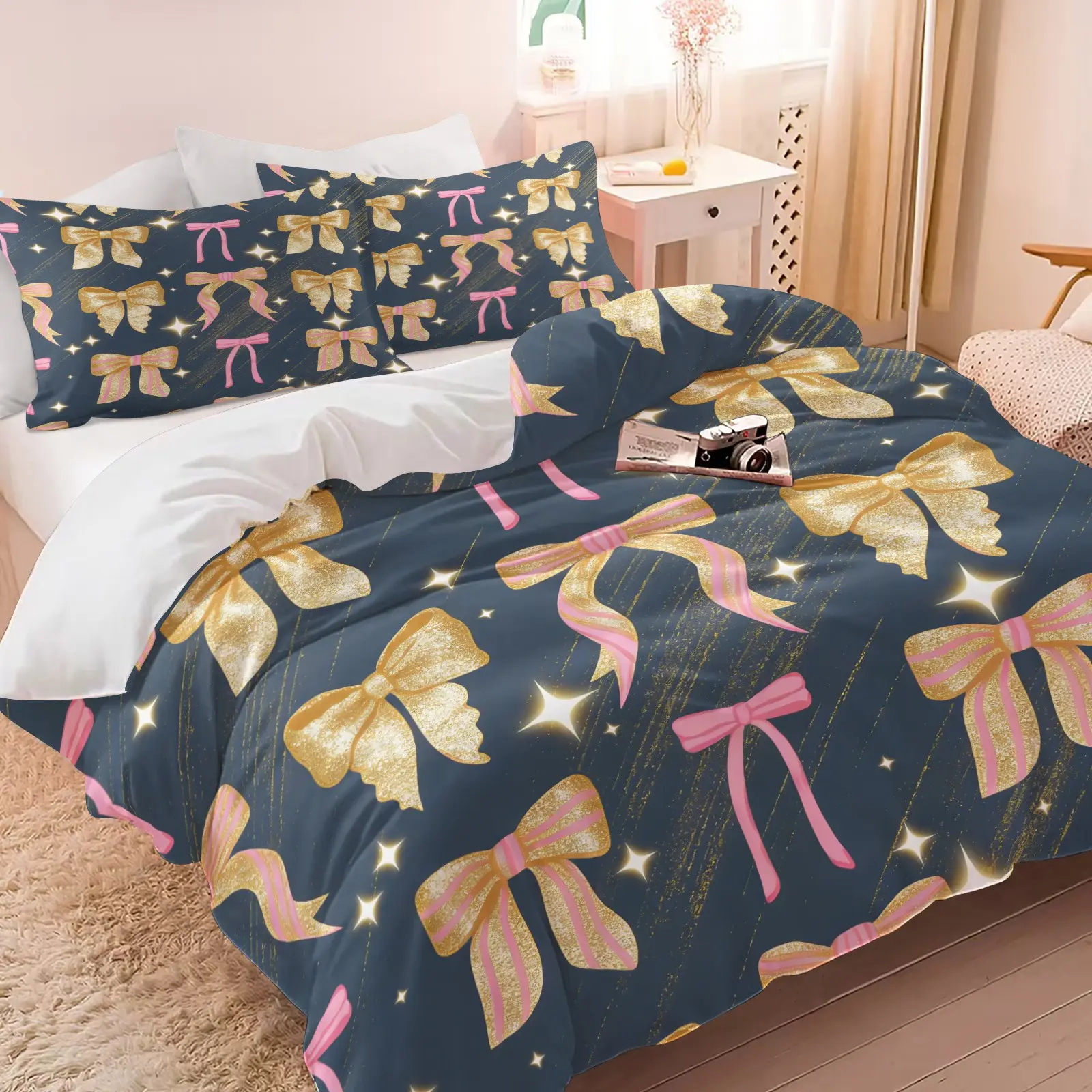 2/3pcs Cute Glitter Pink Gold Bow Duvet Cover Set, Coquette Aesthetic Comforter Cover, Soft Microfiber Bedding Set (No Filler), Starry Bow Print Bed Set for Girls, Bedroom & Dorm Decor