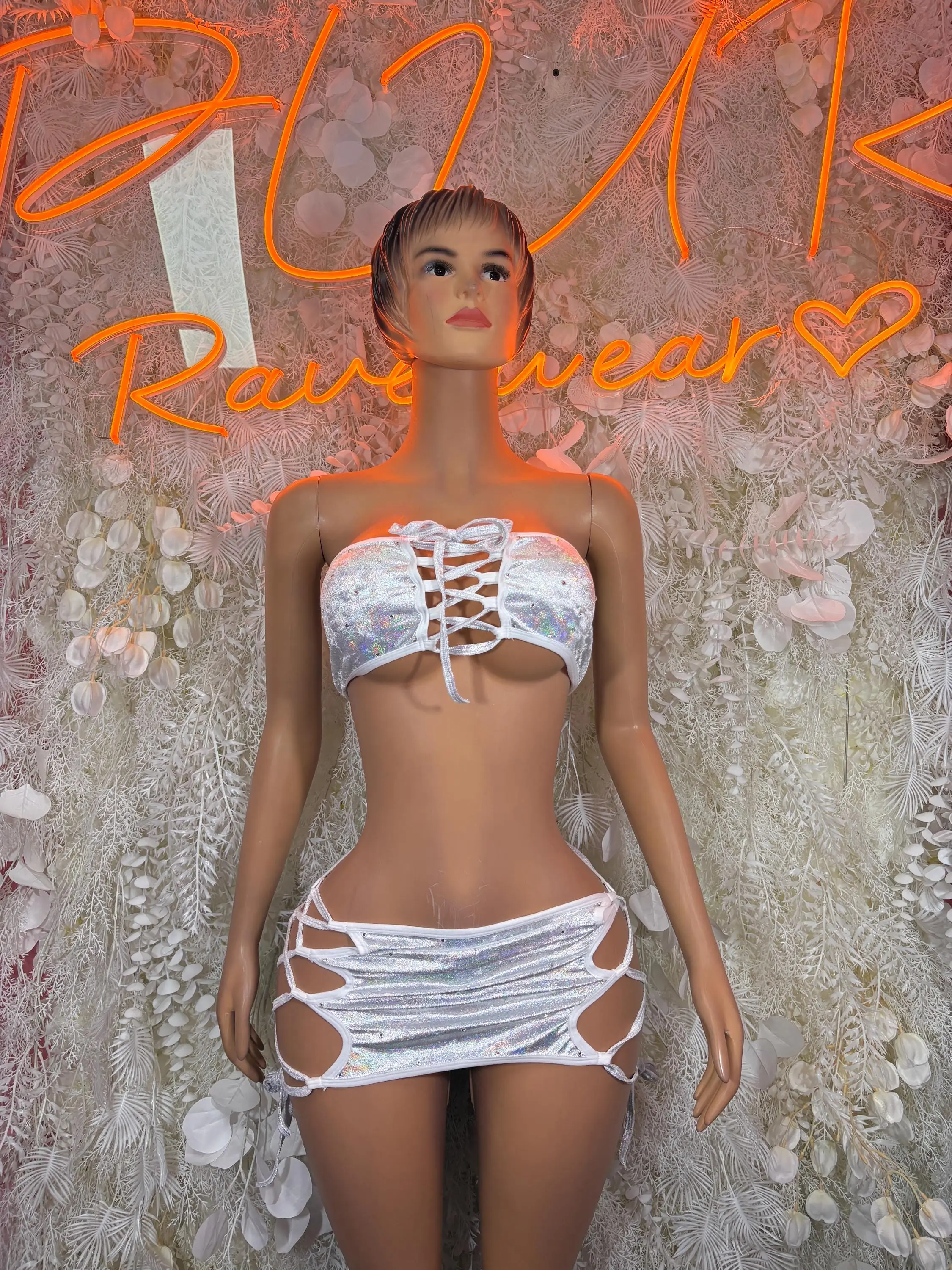 Holographic Rave Outfit Set, Lace Up Bandeau Top, Cutout Mini Skirt, Silver Festival Clubwear