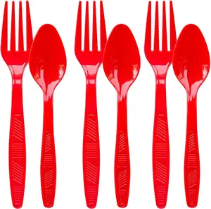 Plastic Forks and Spoons Heavy Duty, Red Disposable Plastic Silverware Set for Party Supplies 96PCS