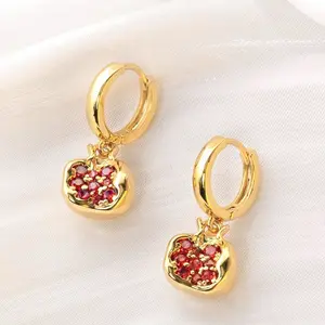 14K Gold Plated Inlaid Deep Red Crystal Imitation Artificial Diamond Pomegranate Earrings