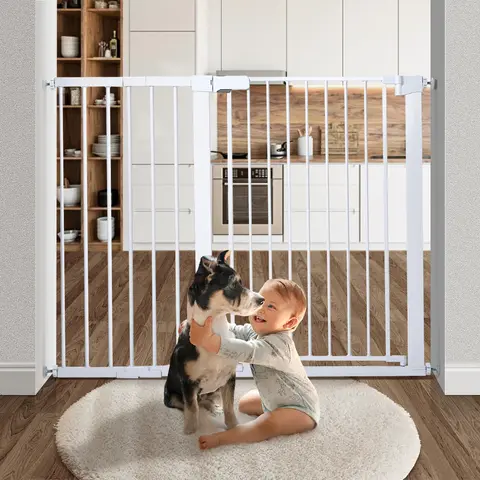 COMOMY Auto-Close Pressure-Mount Dog Gate - Adjustable Width, 30/36" Extra Tall, Sturdy Steel Frame, Double-Lock System, Easy Installation, Fits 29.5"-48.8" Stairs/Doorways, Black Easy Walk-Through Baby Gate for Home