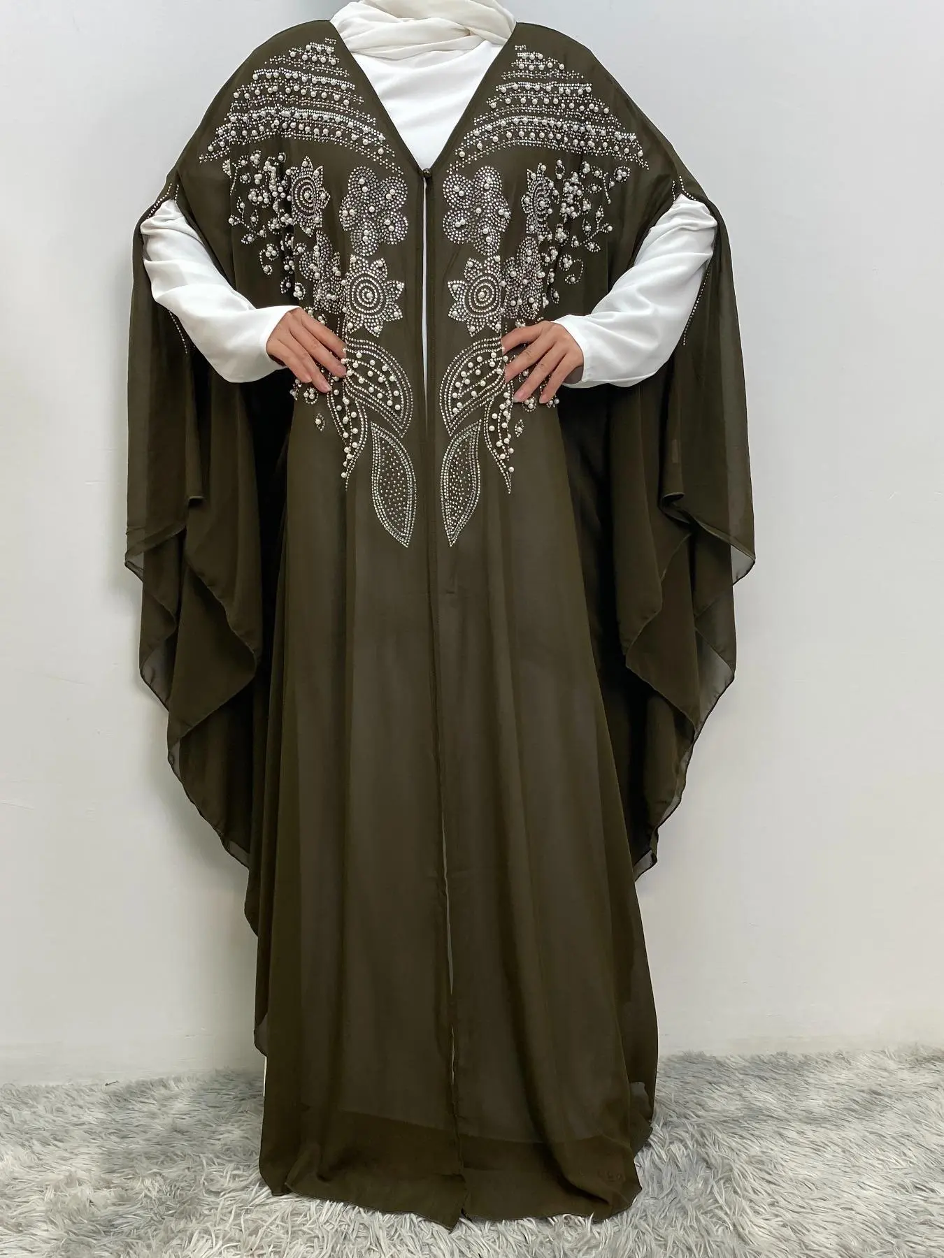 Women's Plain Sequins Decor Batwing Sleeve Chiffon Abaya, Elegant V Neck Open Front Abaya for Spring & Fall, Women's Islamic Clothing for Daily Wear