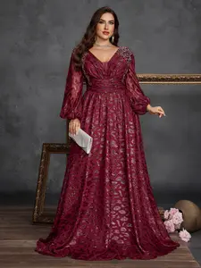 Elegant Plus Size Women's Embroidered Dress with Handmade Flowers and Beads, V Neck Flare Long Sleeve a Line Party Gown