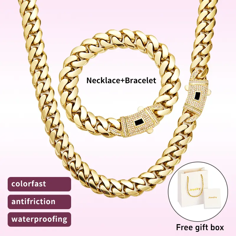 14K Gold-Plated  Necklace & Bracelet 6mm/8mm/10mm/12mm/14mm Vintage Feel Stainless Steel Anti-Rust Technology Waterproof Sweatproof Perfect Christmas Gift,Link Chain Jewelry Accessories Miami Cuban Chain Hip-hop style