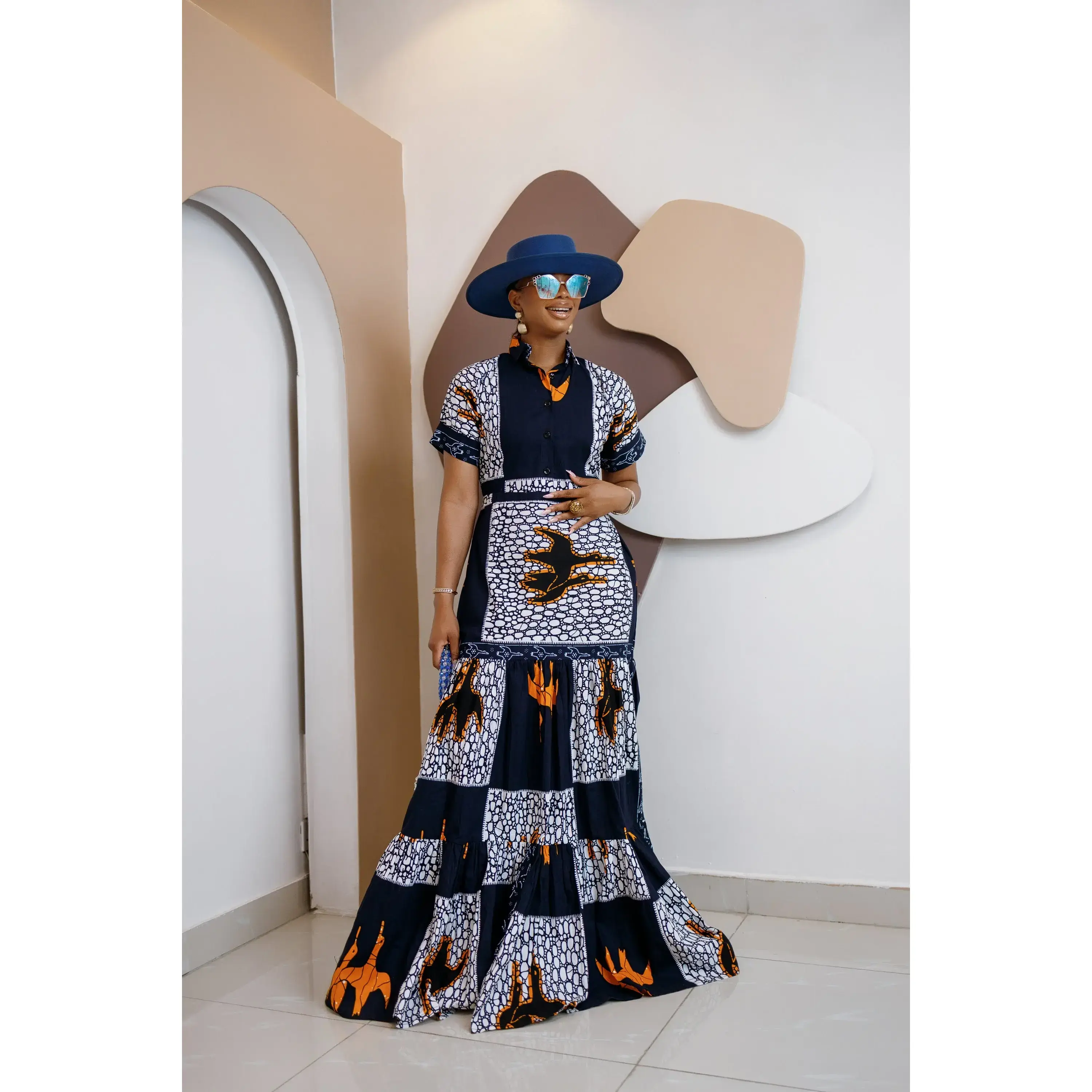 Women's Formal Nzama Ankara Maxi Shirt Dress - Collared Neck, Short Sleeve, Button Detail, Ankle Length, Hand Washable, Ethnic Formal Dresses, African Print Evening Dresses