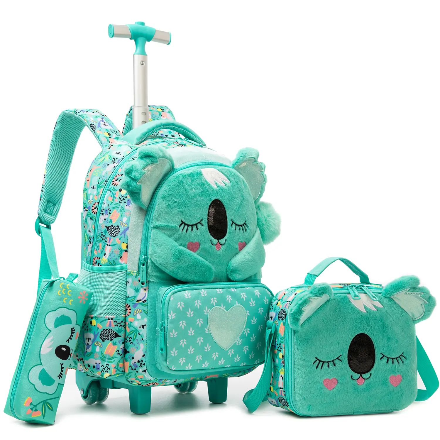 Toddler Girls' Cute Sloth Backpack Set, 3-Piece Chic Plush Travel Bag with Lunchbox & Pencil Case, Waterproof Nylon with Trolley Handle, Graphic, Basic, Built-In Organizer, Dustproof, Cartoon, Hand Wash Only, Scratchproof, Heart