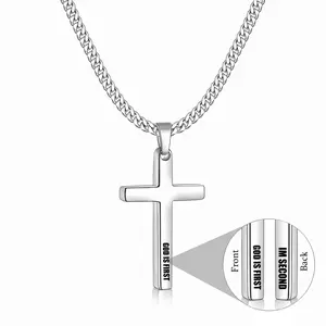God is First Im Second Engraved Cross Necklace for Men & Women Stainless Steel Unisex Cuban Chain Neckalces 16-26 Inches