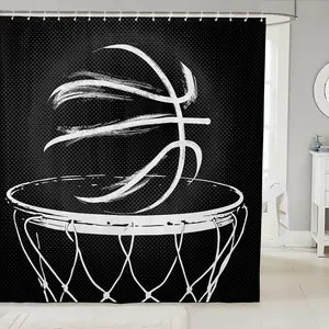 Feelyou Basketball Shower Curtain - Black and White Waterproof, Washable Ball Sports Themed Bathroom Curtain for Kids, with 12 Hooks for Bathtub Decor