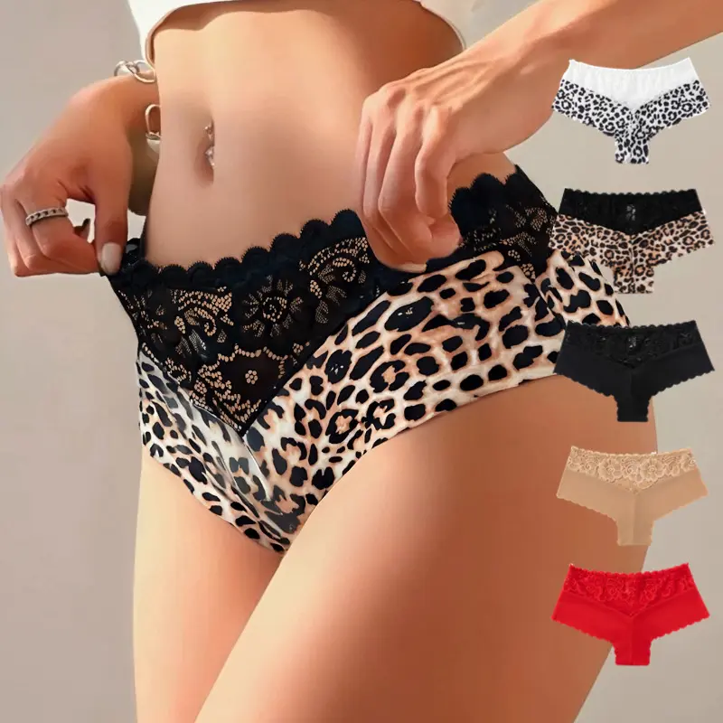 5Pcs Sexy Leopard Print Lace Panties - Soft Mid-Rise Cheeky Underwear, Breathable Floral Lace Briefs, Multi-Color S-XL