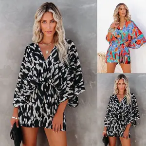 Womens Lepoard Print Summer Rompers Cruise Outfits Wrap V Neck Loose Oversized Jumpsuits with Pockets