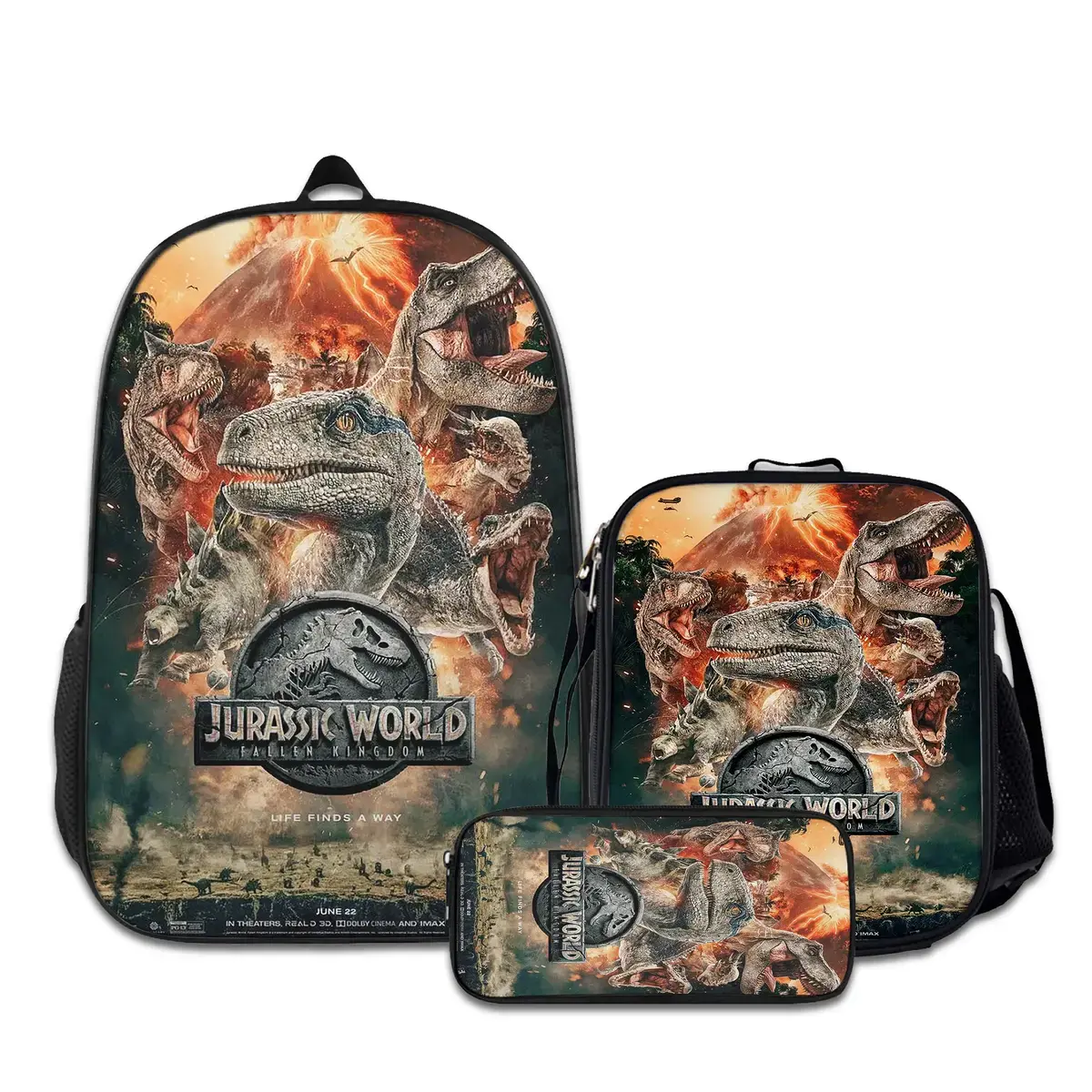 3PCS Backpacks for Girls Set, Cute Jurassic-Park-9 School Backpack for Boys with Lunch Box and Pencil Case, Aesthetic Bookbag for Teens, Lightweight Classic Backpack for Travel, Work, Picnic