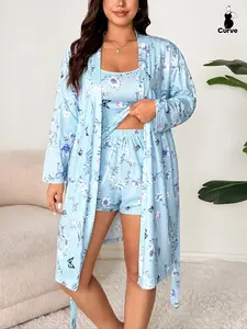 Plus Size Floral Butterfly Print Strap Shorts + Plus Size Floral Long Sleeve Sleeprobe 3 Piece Set, Casual Spring & Fall Nightgown/robe Loungewear