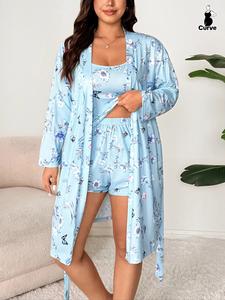 Plus Size Floral Butterfly Print Strap Shorts + Plus Size Floral Long Sleeve Sleeprobe 3 Piece Set, Casual Spring & Fall Nightgown/robe, Loungewear