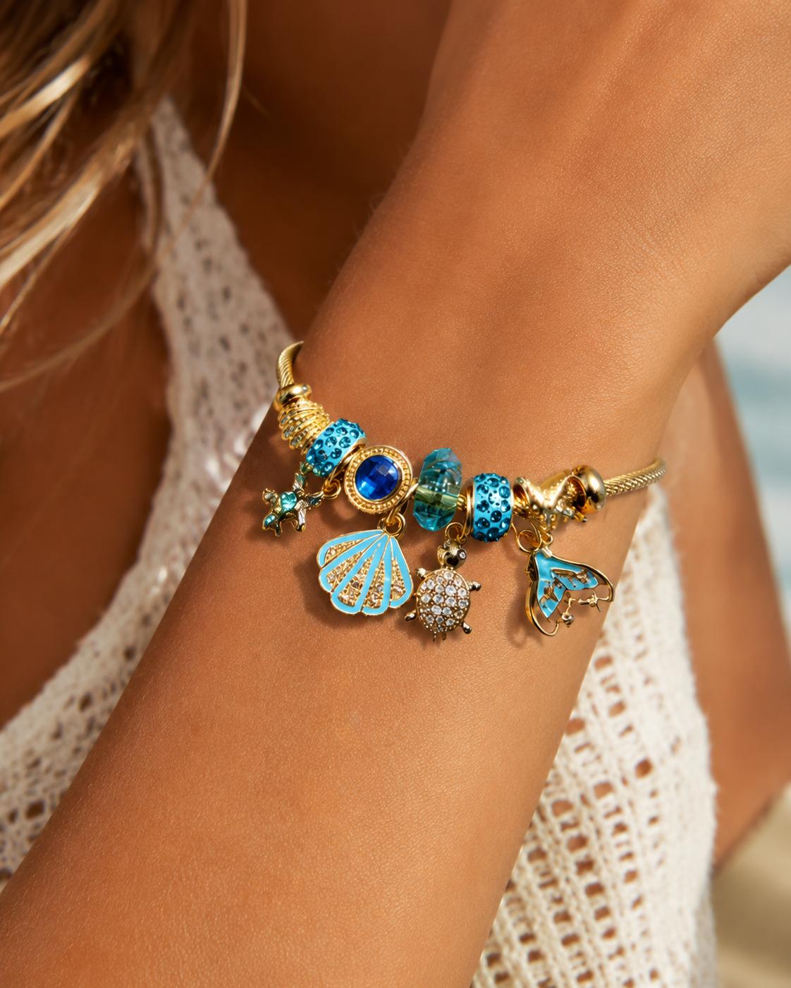 Ocean Theme Open Cuff Bangle, Shiny Golden Bracelet With Blue Crystal Beads, Shell, Turtle & Mermaid Tail Charms, Summer Beach Jewelry Gift For Women