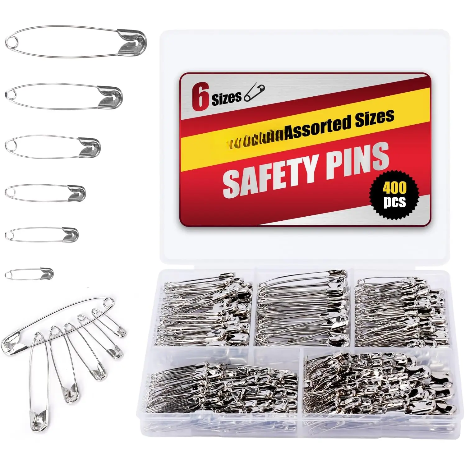 Safety Pins - 400 Pack, 6 Assorted Sizes (0.75"-2.17"),  ? Nickel-Plated Steel for Clothes, Sewing, and Crafting (400)