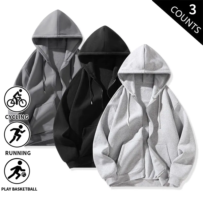 3-Pack Men’s Casual Zip-Up Hooded Jackets — Long-Sleeve Full-Zip Hoodie Sweatshirts with Kangaroo Pocket, Loose Lightweight Outer Layers for Travel and Everyday Leisure