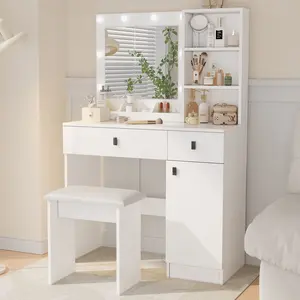 Makeup Vanity Desk with Stool, Lights, Dressing Table Set with Mirror, Large Drawers & Three Level Storage Dreeser, Mirror with 3 Lights Brightness Adjustable for Bedroom, White