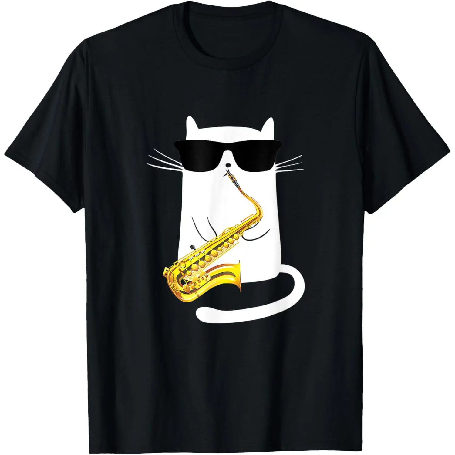 Cotton Short Sleeve Funny Cat Wearing Sunglasses Playing Saxophone T-Shirt For Men Women